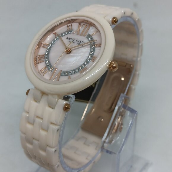 Anne Klein 12/2278RGLP Women's 34mm Light Pink Ceramic MOP +Crystal Accent Watch - Picture 1 of 11